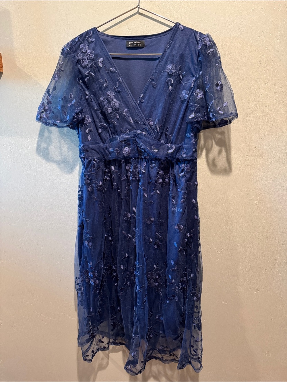 Bloomchic Sapphire Blue Embroidered Mesh Fairy Midi Short Sleeve Dress